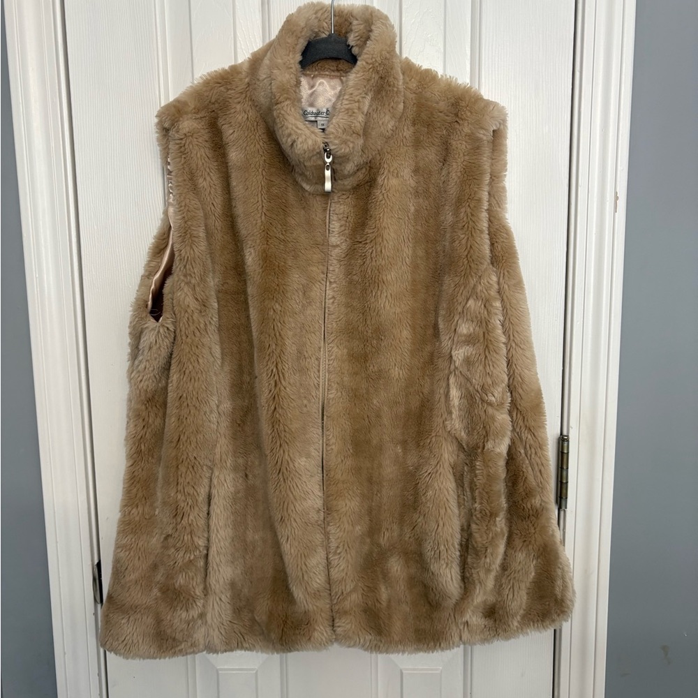 Coldwater Creek Faux Fur Vest Women's 1X Beige Full Zip Lined Pockets Warm